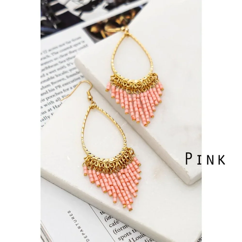 NEW Tear Drop Hoop Beaded Tassel Fringe Drop Statement Earrings Black Ivory Pink